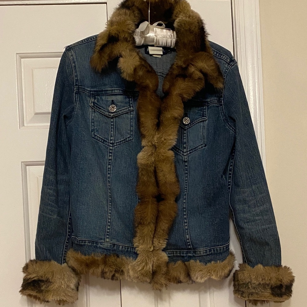 Neiman Marcus Blue Denim Jacket with Brown Faux Fur